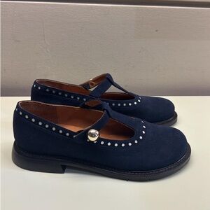 Chie Mihara Navy Suede Mary Jane Flats with Silver Studs